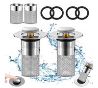 2PCS Pop Up Sink Plug Replacement, Sink Stopper Removable Stainless Steel Floor Drain Filter for 34-40mm Drain Holes, Universal Sink Plug for Kitchen, Bathroom, Wash Basin, Bathtubs