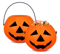 2pcs Portable Pumpkin Halloween Candy Bucket Orange Plastic Holder
