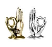 2pcs Positive Finger Statue for Home Office, OK Hand Sign Sculpture in Gold and Silver, Creative Ring Holder and Jewelry Stand, Modern Table Centerpiece for Desk, Unique Congratulations Gift, Ceramic