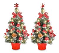 2Pcs Pre-Lit Small Christmas Tree with Lights, 45CM Tabletop Artificial Mini Xmas Tree, Mini Christmas Trees for Table, Home & Office, Pine Trees with Star Topper, Pine Cones and Balls (Red)