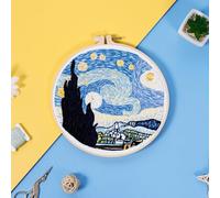 2Pcs Pre Printed Embroidery Kits Starry Night Oil Painting Punch Needle Kit Fantasy Landscape Cross Stitch Stamped Embroidery Starter Kit,Easy Embroidery Handmade Sewing Craft Kit For Adults 30x30cm