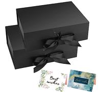 2pcs Present Gift Boxes with Lid, 26 x 19 x 8 cm Magnetic Foldable Paperboard Gift Box with Ribbon & Greeting Cards, Thick Paper Presentation Boxes for Birthday Wedding Christmas Party Favor Boxes