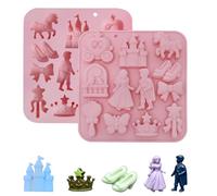2pcs Princess Silicone Chocolate Molds in Pink, Fairy Tale Castle Crown Prince Princess 3D Silicone Chocolate Molds for Candy Fondant DIY Soap Candle Crafts, for Girls Adults Party Baking Supplies