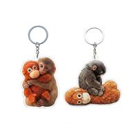 2pcs Protect Punch The Monkey Keychain, 2d Acrylic Cute Monkey Holding Plush Toy Hanging Keyring Punch Monkey Keychain for Backpack Purse Car Keys Gift