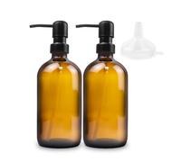2PCS Pump Bottle Dispenser with Stainless Steel Pump, 500ml Brown Glass Soap Dispensers, Refillable Shampoo Conditioner Dispenser Bottle for Liquid Hand Soap, Shower Gel, Body Wash, Lotion