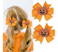 2PCS Pumpkin Hair Bows Clips for Kids Boys Girls Halloween Orange Hair Accessories Headdress Glitter Pumpkin Bows Clips Hairgrips Hair Barrette for Halloween Cosplay Costume Party Decorations