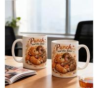 2Pcs Punch and His Bear Mug,Cute Monkey with Orangutan Teddy Design,11/15oz Ceramic Motivational Coffee Cup,Thoughtful Gift for Animal Lover (15oz)