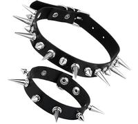 2Pcs Punk Spiked Choker and Bracelet Set,Adjustable Black Long Leather Goth Rock PU Studded Bracelet Spike Necklace Collar for Women Halloween Costume 80s 90s Punk Jewelry EMO Accessories