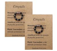 2pcs Purple Black Natural Stone Adjustable Ring,Crystal Rings for Women,Spiritual Protection Finger Ring with Amethyst,Spiritual Protection Ring with Card,Cute Crystal Jewelry & Black Stone Ring Gift