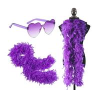 2pcs Purple Feather Boas & Heart Rimless Sunglasses Set,6.6ft/2M Natural Turkey Feathers Scarf 80g Party Fluffy Feather Boa Fancy Dress for Girls Women Dancing Party Halloween Xmax Party Costume
