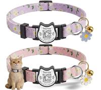 2PCS QR Code Breakaway Cotton Cat Collars with Bell - Pink & Purple Flower Pendant, Cute Adjustable Kitten Collars with Smart Scan Pet ID Tag, Suitable for Girls & Boys(Pastoral Style-Purple & Pink)