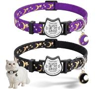 2PCS QR Code Cat Collars Breakaway with Bell - Glow in the Dark Moon & Stars Pendant, Cute Adjustable Safe Kitten Collars with Smart Scan Pet ID Tag (Stars and Moon-Black & Purple)