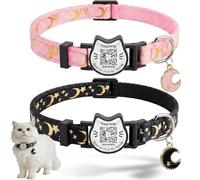 2PCS QR Code Cat Collars Breakaway with Smart ID tag - Glow in the Dark Moon & Stars Pendant, Cute Adjustable Safe Kitten Collars with Smart Scan Pet ID Tag (Stars and Moon-Black & Pink)
