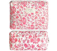 2Pcs Quilted Cotton Makeup Bag Large Travel Makeup Pouch Small Brush Holder Set for Women Floral Coquette Makeup Bag Cute Aesthetic Cosmetic Bag Toiletry Organizer Storage Bag Big Zipper Pouch