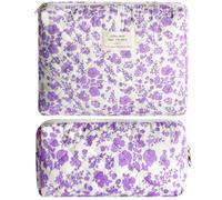 2Pcs Quilted Cotton Makeup Bag Large Travel Makeup Pouch Small Brush Holder Set for Women Floral Coquette Makeup Bag Cute Aesthetic Cosmetic Bag Toiletry Organizer Storage Bag Big Zipper Pouch