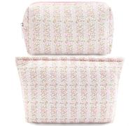 2Pcs Quilted Cotton Makeup Bag Large Travel Makeup Pouch Small Brush Holder Set for Women Floral Coquette Makeup Bag Cute Aesthetic Cosmetic Bag Toiletry Organizer Storage Bag Big Zipper Pouch