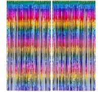 2PCs Rainbow Glitter Tinsel Curtains - Foil Iridescent 3.2x6.5ft Curtain Backdrop with Fringe and Tassel Tinsel Strings for Disco, Birthday Party Decoration
