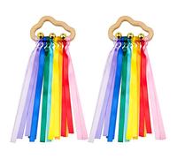 2pcs Rainbow Wooden Ribbon Ring Toys, Teether Sensory Toy, Cloud Shaped Teether with Ribbons Molar Wooden Circle for 3-18 Months Toddler Boys Girls