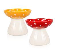 2Pcs Raised Cat Bowl, Cute Mushroom Ceramic Feeder, Elevated Cat Food Bowls Whisker Fatigue Wide Shallow Pet Dish, Protective Feeding Dish for Food and Water, Kittens Small Dogs