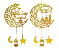 2PCS Ramadan Mubarak Hanging Decorations, Wooden Eid Kareem Hanging Sign for Home Room Door Wall Decor, Novelty Hollow Star Moon Lanterns Castles Ornament for Islamic Muslim Al-Fitr Party Supplies