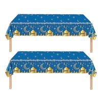 2Pcs Ramadan Table Cloth for Eid, 130*220cm Blue Gold Plastic Moon Star Tablecover, Disposable Rectangular Table Cover for Mubarak Islam Muslim Decor