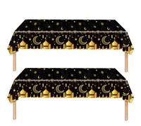 2pcs Ramadan Table Cloth for Eid Tablecloths Party,130*220cm Black Gold Eid Decorations Table Cloth Plastic Moon Star Tablecover Disposable Rectangular Table Cover for Mubarak Islam Muslim Decor