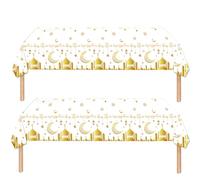 2pcs Ramadan Table Cloth for Eid Tablecloths Party,130*220cm White Gold Eid Decorations Table Cloth Plastic Moon Star Tablecover Disposable Rectangular Table Cover for Mubarak Islam Muslim Decor