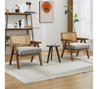 2Pcs Rattan Armchairs Linen Fabric Accent Chairs With Padded Seat - Grey/brown
