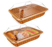 2pcs Rectangular Poly Wicker Basket, Bread Fruit Baskets with Acrylic Lid, for Vegetables, Fruits, Snacks at Kitchen, Restaurant (35x24.5cm)