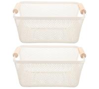 2pcs Rectangular Wire Basket with Wooden Handle for Shelf Storage | Iron and Wood Build, Scandinavian Style, White Finish, Easy to Carry, Ample Space, Comfortable Grip