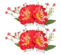 2pcs Red Azalea Flower Hair Comb for Women, Bridal Side Clip | Cloth and Metal Build, Realistic Floral Design, Secure Side Hold for Updos, Festivals and Weddings