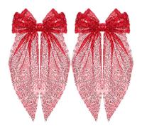 2pcs Red Fabric Bow Hair Clips, Glitter Finish for Women