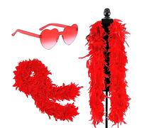 2pcs Red Feather Boas & Heart Rimless Sunglasses Set,6.6ft/2M Natural Turkey Feathers Scarf 80g Party Fluffy Feather Boa Fancy Dress for Girls Women Dancing Party Halloween Xmax Party Costume