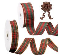 2Pcs Red & Green Tartan Ribbon,25mm X 25 Yards, 16mm X 25 Yards Gold Edge Plaid Ribbons for Christmas DIY Crafts Present Wrapping Gift Home Decorations Bows, Christmas Bows