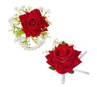 2PCS Red Rose Corsage and Boutonniere Set Artificial Rose Wristlet Band and Boutonniere for Men Wedding Flowers Accessories Party Suit Decoration