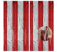 2pcs Red Silver Glitter Tinsel Curtains, 3.2x6.5ft Shimmer Party Foil Door Curtains Metallic Fringe Tassel Tinsel Backdrop for Stranger Theme Xmas Party Décor