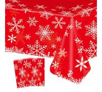 2Pcs Red Snowflake Tablecloths, 137*274cm Winter Frozen Table Cloths Plastic Christmas Snowflake Table Cover for Winter Holiday Xmas Frozen Snowflake Party Decorations
