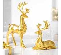 2PCS Reindeer Figurine Statue, Silver Geometric Deer Sculpture Set, Resin Elk Desktop Ornament for Home Office Table Indoor Decoration