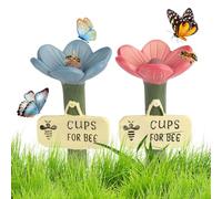 2pcs Resin Flower Bee Waterer - Colorful Garden Pollinators Drinking Cups, Bee Watering Station for Garden Lawn Pathway Driveway Patio, Hygienic Thirsty Pollinators Feeder, 6.5×11cm, Pink + Blue