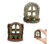 2PCS Resin Mini Windows Micro Scene Decor, Rustic Style for Fairy Cottage Dolls House Furniture Simulation Garden Windows, Aquarium Ornaments and Doll House Accessories, Sand Table Landscape Supplies