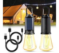 2PCS Retro Camping Light, 2 in 1 Solar & USB Rechargeable, Portable Tent Bulbs, 3 Lighting Modes Lantern, Waterproof Hanging Camping Lamp for Hiking Fishing Camping Backpacking