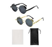 2PCS Retro Round Sunglasses, 1pc Glasses Cloth, 1pc Glasses Storage Bag, Metal Frame Punk Sunglasses, Suitable for Shopping, Parties, Gatherings, Driving (Black, Gold)