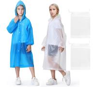 2Pcs Reusable Kids Transparent Rain Coat, Lightweight Children Waterproof Rain Cape, Portable Kids EVA Rain Ponchos, Kids Clear Rainwear with Hood Buttons Sleeves 2 Drawstring Bags for Boys Girls 5-12