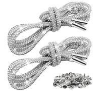 2Pcs Rhinestone Shoe Laces, 47.6”/121cm, with 20 Pcs Shoe Boot Buckle, Crystal Glitter Ropes, Bling Shiny Shoelaces, Diamond Rhinestone Hoodie String for Sneakers Sweatpants Drawstring Cords, Silver