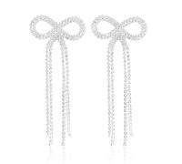 2pcs Rhinestones Bow Earrings for Women, Sparkly Silver Dangle Earrings Long Tassel Earrings Bow Knot Drop Earrings Statement Jewelry Gift for Wedding Bridal Prom
