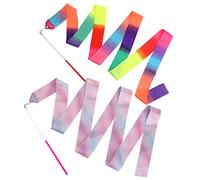 2pcs Rhythmic Dance Ribbons, 78.7 Inch Gymnastics Ribbon Dancer Wand Dancing Ribbon Streamers for Kids, Fits Artistic Dancing Gymnastics, Circus Carnival Shows, Baton Stick Twirling (Rainbow+Purple)