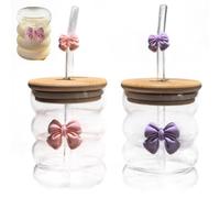2Pcs Ribbed Glass Cups 300ml Clear Matcha Cup with Lids and Straws Vintage-Style Multi-Purpose Glasses for Beverage, Milk, Cocktails Glass Cups with Lids and Straws