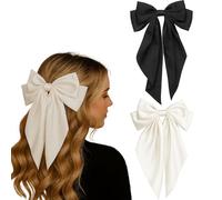 2PCS Ribbon Bow Hair Clips - Large Black & White Satin Bowknots with Long Tails - French ABS Barrettes & Elegant Hair Accessories for Girls & Women - School Wedding Christmas Holiday Styling Use