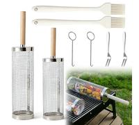 2Pcs Rolling Grill Basket, Nesting Grilling Net, BBQ Grill Basket with Removable Wooden Handles 304 Stainless Steel Barbecue Tools Accessories for Outdoor Cooking Camping