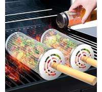 2PCS Rolling Grill Basket, Removable Wooden Handle, 304 Stainless Steel, Nesting Grilling Net for Outdoor Cooking & Camping for Men, Dad, Husband